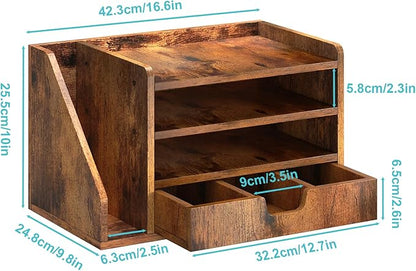 Wood Desk File Organizer with Side File Rack, Space-Efficient Design Easy to Assemble for Efficient Office Setup, Reduces Desk Clutter (Brown)