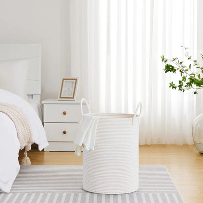 VIPOSCO Large Laundry Hamper, Tall Woven Rope Storage Basket for Blanket, Toys, Dirty Clothes in Living Room, Bathroom, Bedroom - 58L White