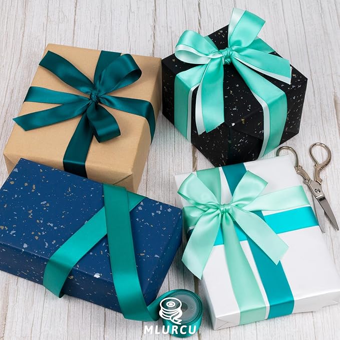 Teal Ribbon 1 Inch Double Faced Satin, Dark Teal, Aqua, Turquoise, Jade, Peacock, Mint Green, Blue and Green Ribbon for Flower Bouquet, Gift Wrapping, Wedding, Bridal Shower, Bows & Crafts - 30Yds