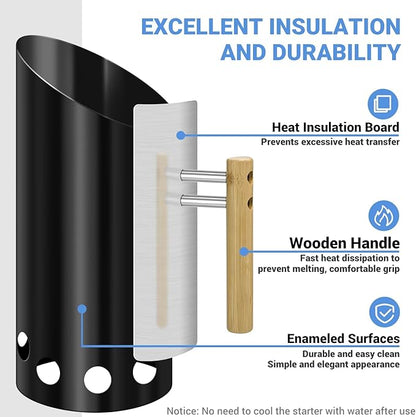 Charcoal Chimney Starter Double Enameled Chimney Starter Charcoal Chimney with Heat Shield & Wood Handle Great Heat Insulation Coal Starter for Grill Easy Grip Charcoal Starter, Black
