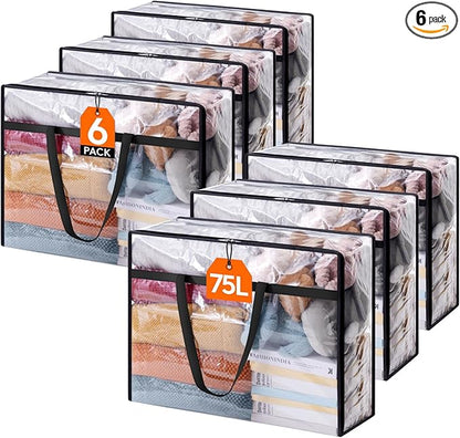 Lifewit 6 Pack Clear Clothes Storage Bags, 75L Plastic Blanket Storage Bag, Vinyl Foldable Moving Bags with Zipper, Closet Organizers and Storage Containers for Bedding, Duvet, Comforter