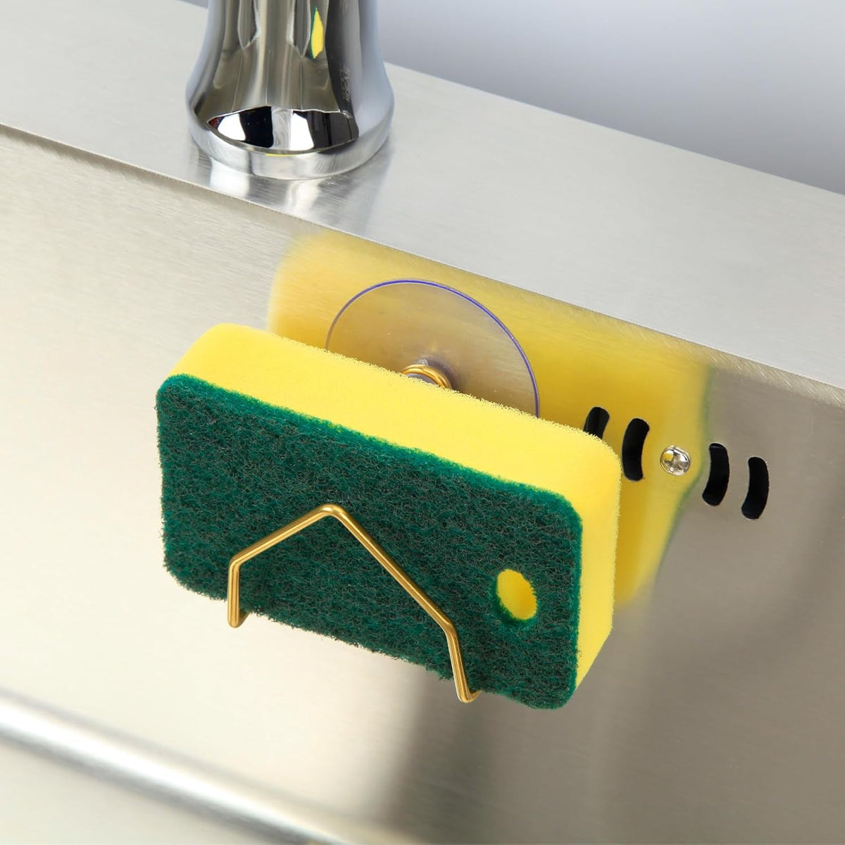 Snailhouse Sponge Holder for Kitchen Sink, 2 Pack Suction Cup Stainless Steel Rustproof Dish Sponge Rack Organizer Holder Basket Accessories, Gold