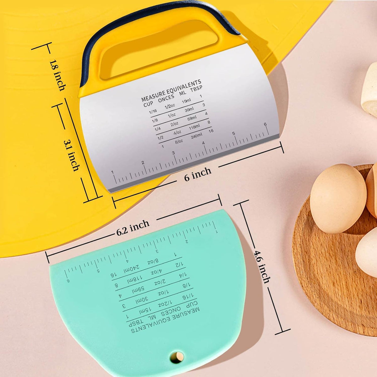Ygdz Dough Scraper 2 PCS, Stainless Steel Bench Scraper With Grip, Plastic Dough Cutter with Measuring Scale, Multipurpose Pizza Cutter