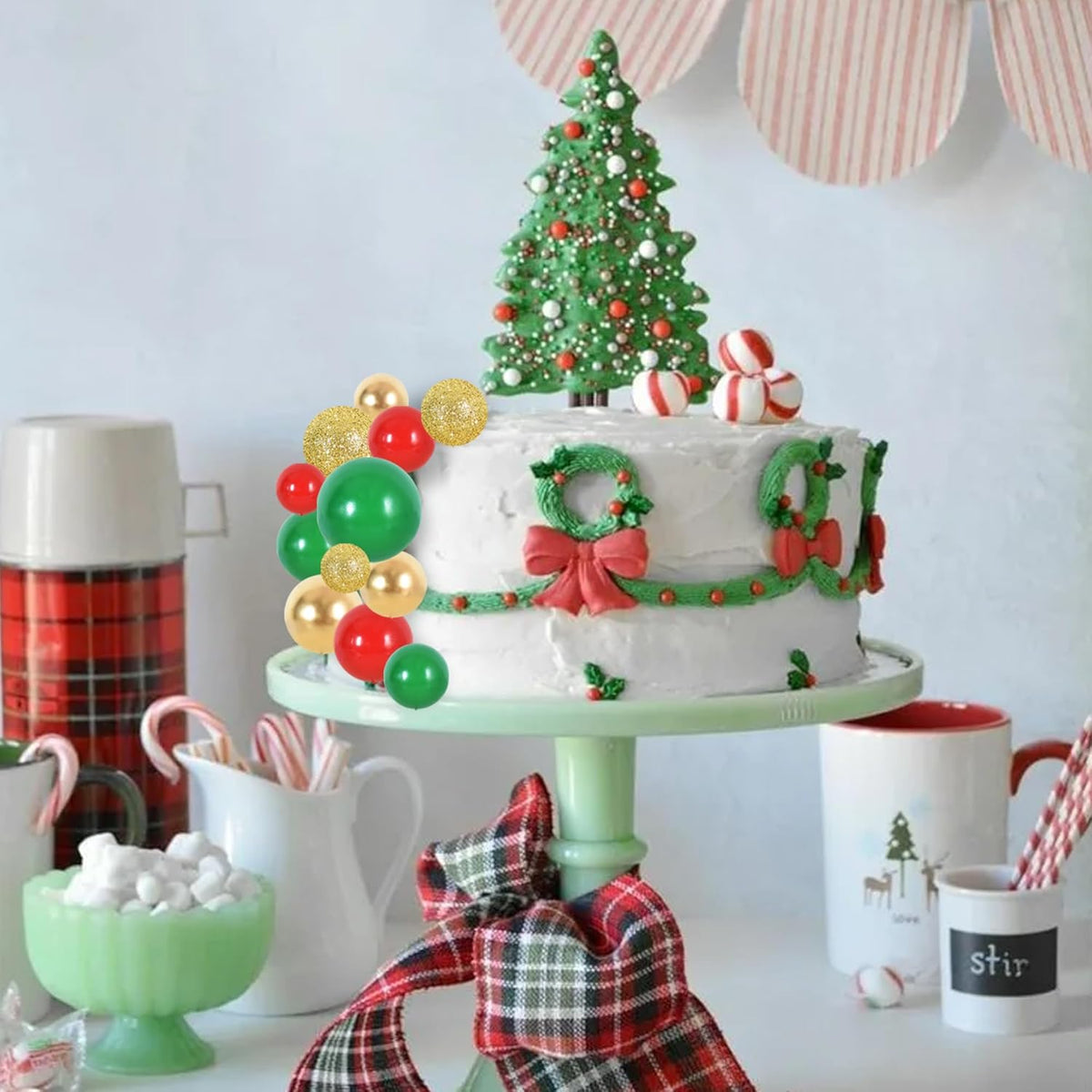 BEISHIDA 40 Pcs Ball Cake Toppers Mini Balls Cake Decorations Red Green Gold Silver Sticks Foam Balls DIY Cake Topper Insert Balls Cake Decorations for Baking Christmas Party Decorations