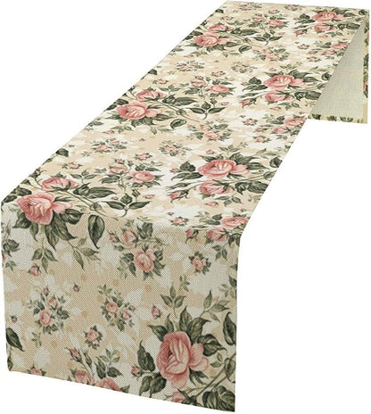 Rose Floral Table Runner,Vintage Watercolor Spring Summer Seasons Flowers Table Decoration for Wedding Holiday Indoor Outdoor Home Party 13x108in