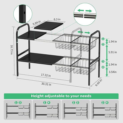 Expandable 2-Tier Under Sink Organizer, 8 Removable Plastic Boards, Tool-Free Installation (Black, 2-Tier 4 Boards and 4 Baskets)