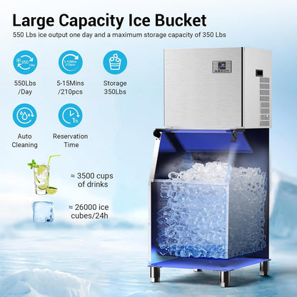 ETL 550LBS/24H Commercial Ice Machine Maker, 350LBS Capacity Large Industrial Ice Maker, Clear Ice Cubes Ready in 5-15min, Micron Water Purification Filter 99% impurities, for Cafe, Bar