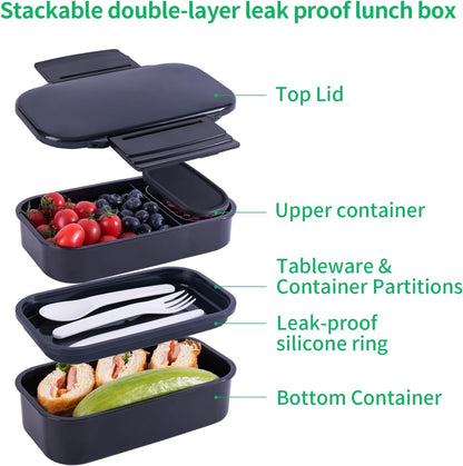 Lunchneo bento box for adults, separate for men and women, set of utensils and dipping containers, cute Japanese bento box, microwave heatable(Black)