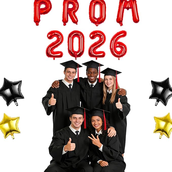 Prom 2026 Balloons Decorations, 16 Inch Foil Letter Number Balloons with 18 Inch Black Red Star Balloons for High School College Graduation Gift Retirement Ins Photo Party Supplies