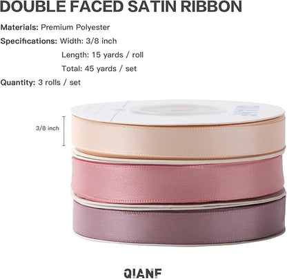 QIANF Dusty Rose Double Face Satin Ribbon 3/8 Inch x 45 Yards Champagne Pink/Rose Gold/Mauve Fabric Ribbon for Gift Wrapping, Flower Bouquets, Bows Making, Wedding Decor (3 Rolls *15Yd)