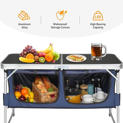 VINGLI 4 Ft Folding Table, Aluminum Camping Table, Picnic Table with Storage, Adjustable Height for Outdoor Beach BBQ Backyards Travel Party (Black ＆ Blue)