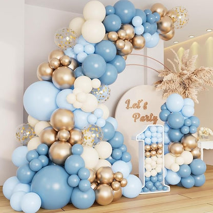 DBKL Dusty Baby Blue Balloon Arch Garland Kit, Different Sizes 18 12 10 5 inch Pastel Baby Blue Slate Fog Ivory White Metallic Gold Balloons for Men Boy Baby Shower Birthday Wedding Party Supplies
