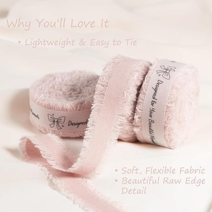 Pink Cotton Ribbon 5/8 Inch Pink 3 Rolls 21 Yards Frayed Edge Fabric Set for Bridal Shower, Baby Shower, Wedding Invitations, Birthday Party & Gift Wrapping