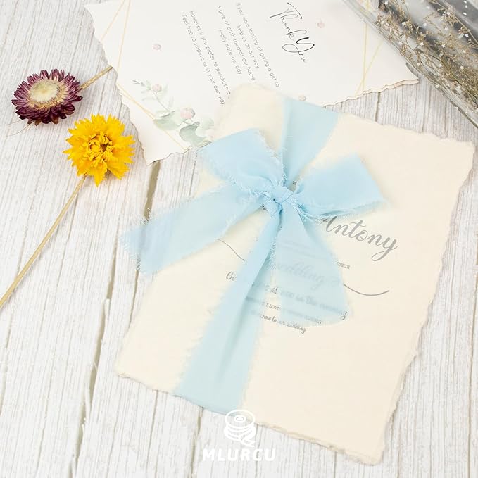 Baby Blue Chiffon Silk Ribbon - 1-1/2 Inch x 21 Yards, Frayed, Light Blue, Boho Style for Gift Wrapping, Wedding Invitation, Bridal Flower Bouquets