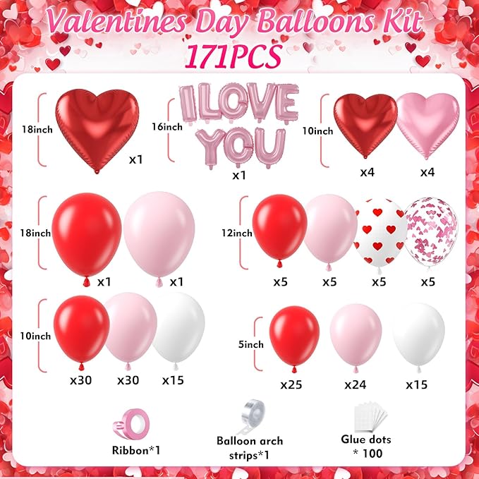 171pcs Valentines Day Balloons Garland Arch Kit, Pink Red White Confetti Heart Balloons Arch for Valentine's Galentine's Day Birthday Wedding Anniversary Engagement Party Decorations
