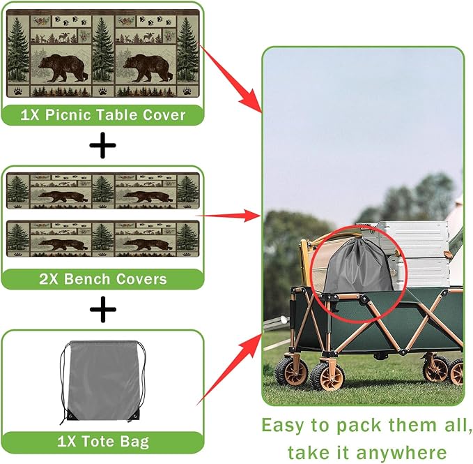 JAWO Picnic Table Cover with Bench Covers Rustic Bear Pattern Waterproof Windproof Fitted Outdoor Patio Camping Rectangle Tablecloth 72x30 Inch Elastic Edges