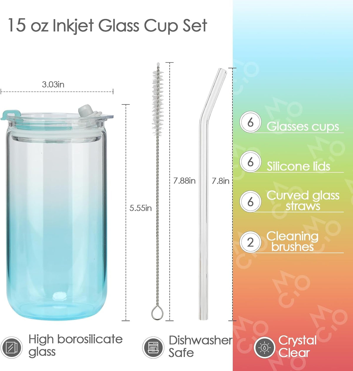 Comi 6pcs Glass Cups with Lids And Straws, Glass Tumbler for Iced Coffee, Drinking Glasses with Two Cleaning Brush,Glass Drinking Set