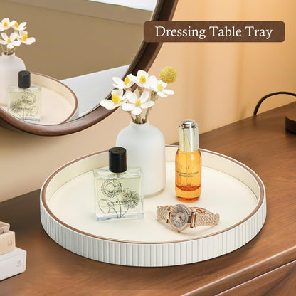 Gorese Round Decorative Serving Tray for Coffee Table Decor, 12" PU Leather Table Centerpiece Home Decor, Valet Tray for Trinket Jewelry Perfume Key