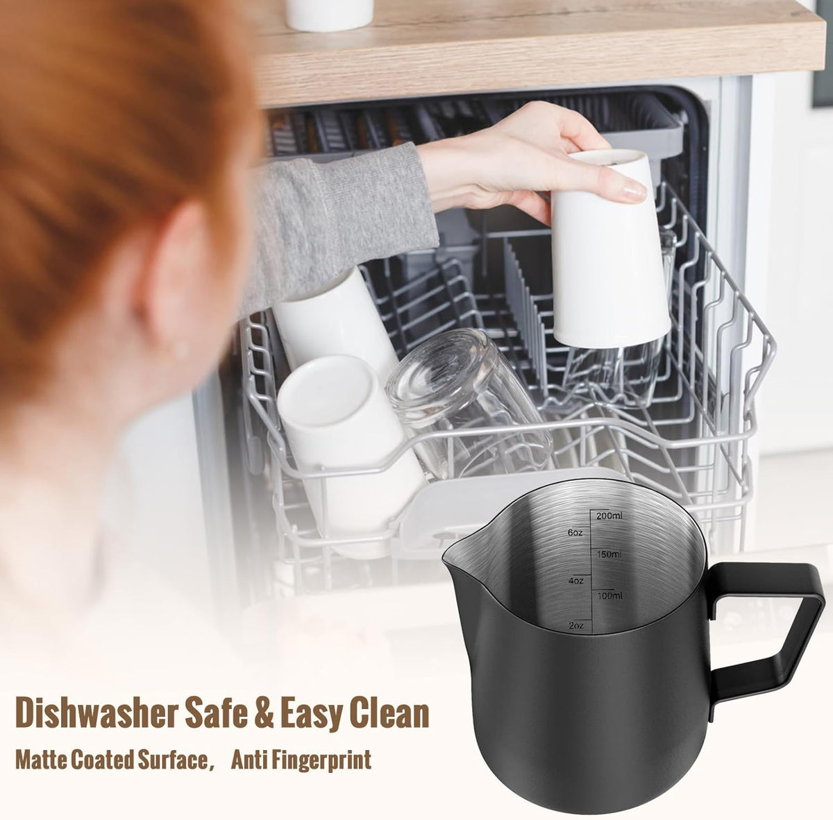 Hulisen 6.8oz/200ml Milk Pitcher, Stainless Steel Espresso Latte Steaming Frothing Pitcher, Coffee Milk Frother Maker, Pour Cup