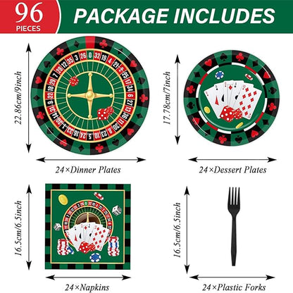 96 Pieces Casino Themed Party Tableware Set for Las Vegas Birthday Party Decorations Casino Poker Card Birthday Party Dessert Paper Plates Napkins Forks for 24 Guests Poker Card Playing Club Supplies