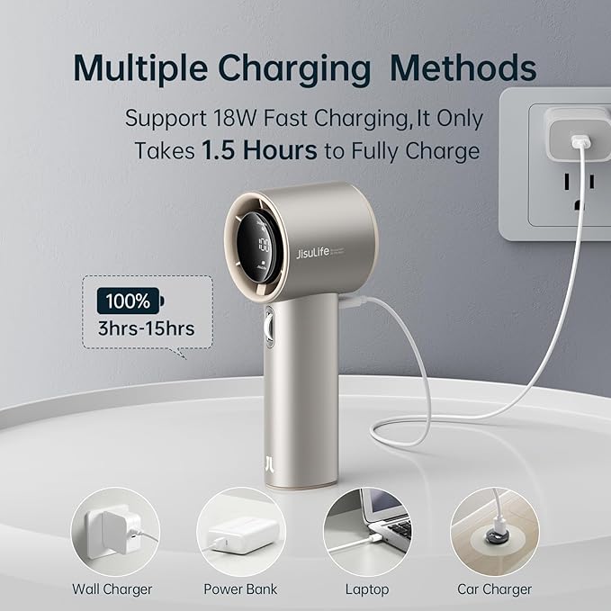 JISULIFE Handheld Fan Pro Series - Extreme Cooling Output: 1-100 Speed Scroll Wheel, Metal Body, Digital Display, 1.5H Fast Charge, 5000mAh-Portable Fan for Travel Outdoor, Gifts for Women Men(Brown)