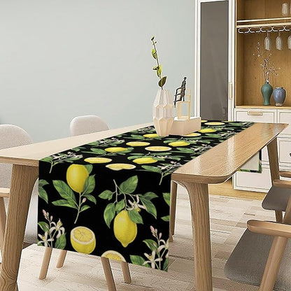 Watercolor Lemon Table Runner, Spring Summer Seasonal Green Leaves Flowers Yellow Fruits Print Table Runner for Farmhouse Kitchen Dining Table Home Party Indoor Decor 13x120in
