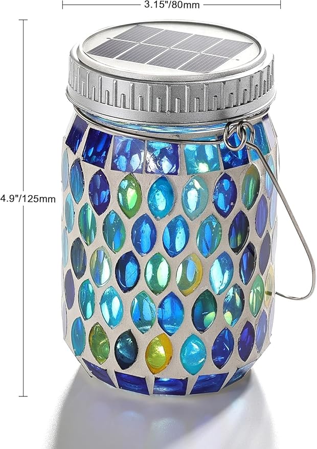 Cooo Mosaic Lanterns Outdoor Waterproof with 215% Larger Solar Panel, Never Rust Lids, True Capacity Battery- Solar Mason Mosaics Jar Lantern for Patio Garden Yard Balcony Hanging or Table (4)