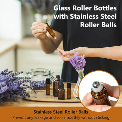 KEYWING 10ml Amber Roller Rottles for Essential Oils - 24PCS Glass Roll on Bottles with Black Caps & Stainless Steel Roller Balls, Empty Perfume Refillable Bottle for Travel