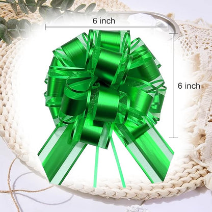 Bows for Gift Wrapping, Pull Bows, Gift Bows for Christmas, Wedding, Birthday, Baskets Decoration, 6 Inches, 6-Pack (Green)
