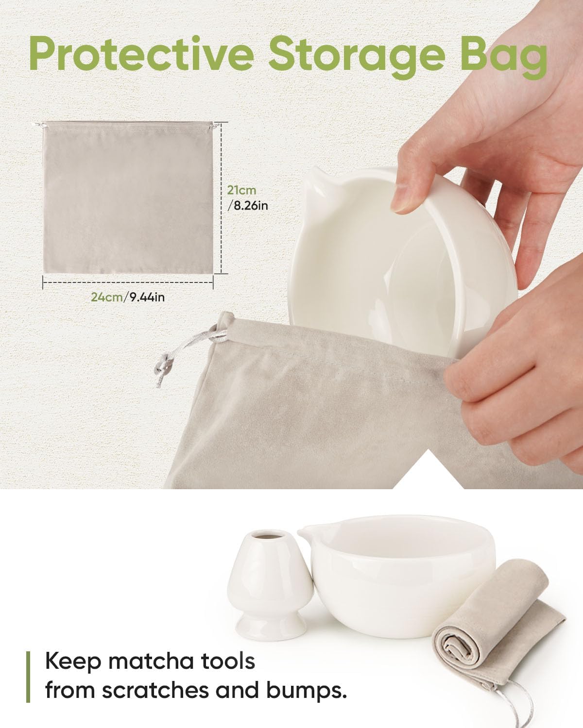 Matcha Bowl and Whisk Holder Set, Ceramic Tea Bowl and Whisk Stand, Matcha Tea Mixing Bowl with Spout (18 Ounce), Whisk Rest, Ivory White