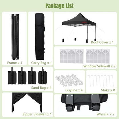 10x10 Heavy Duty Pop Up Canopy with 4 Sidewalls, 550D Commercial Easy Up Canopy Tent, Waterproof Outdoor Party Event Tent with Roller Bag, Black