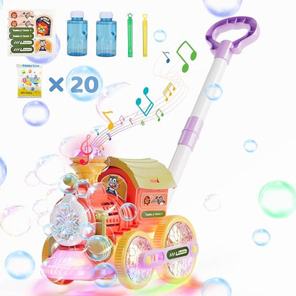 Bubble Machine,Bubble Blower Maker,Bubble Lawn Mower for Toddlers,Bubble Music Train with Light,Summer Outdoor Push Backyard Toys for 1-8 Ages,Christmas Birthday Gifts for Preschool Boys Girls (Red)