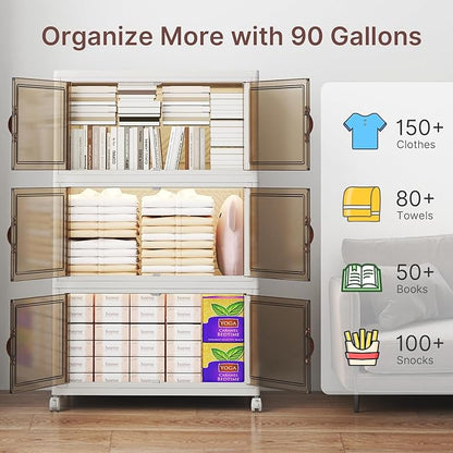 UAMFURI Stackable Storage Bins with Lids, 360QT Closet Organizers, Lockable Storage Cabinet，Foldable Storage Box with Doors and Wheels, Plastic Drawers for Home, Garage, Office (3, White, Large)
