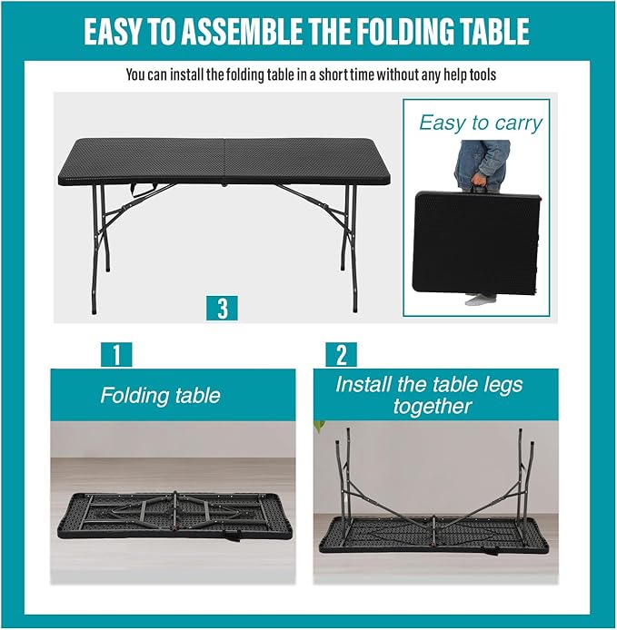 FDW Folding Table Half Portable Foldable Table for Parties Backyard Events (Black Ratten, 6 FT)