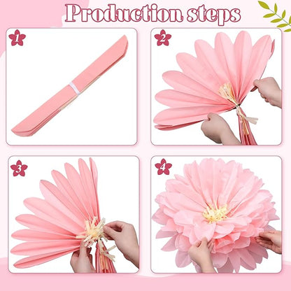 Geyee 18 Pcs Mexican Paper Flowers Colorful Fiesta Tissue Paper Flowers Pom Poms Mexican Carnival for Floral Party Backdrop Wedding Birthday Party Craft(Pink Series,10" 12" 14")