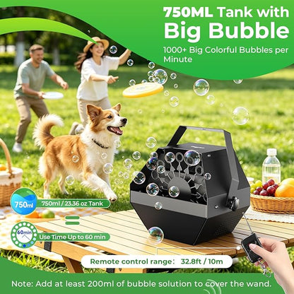 Theefun Bubble Machine, 750ml Stage Bubble Blower Metal, USB Plug in or 8 Battery Powered, Portable Party Bubble Maker for Stage BBQ Birthday Outdoor Indoor Use (Remote Control)