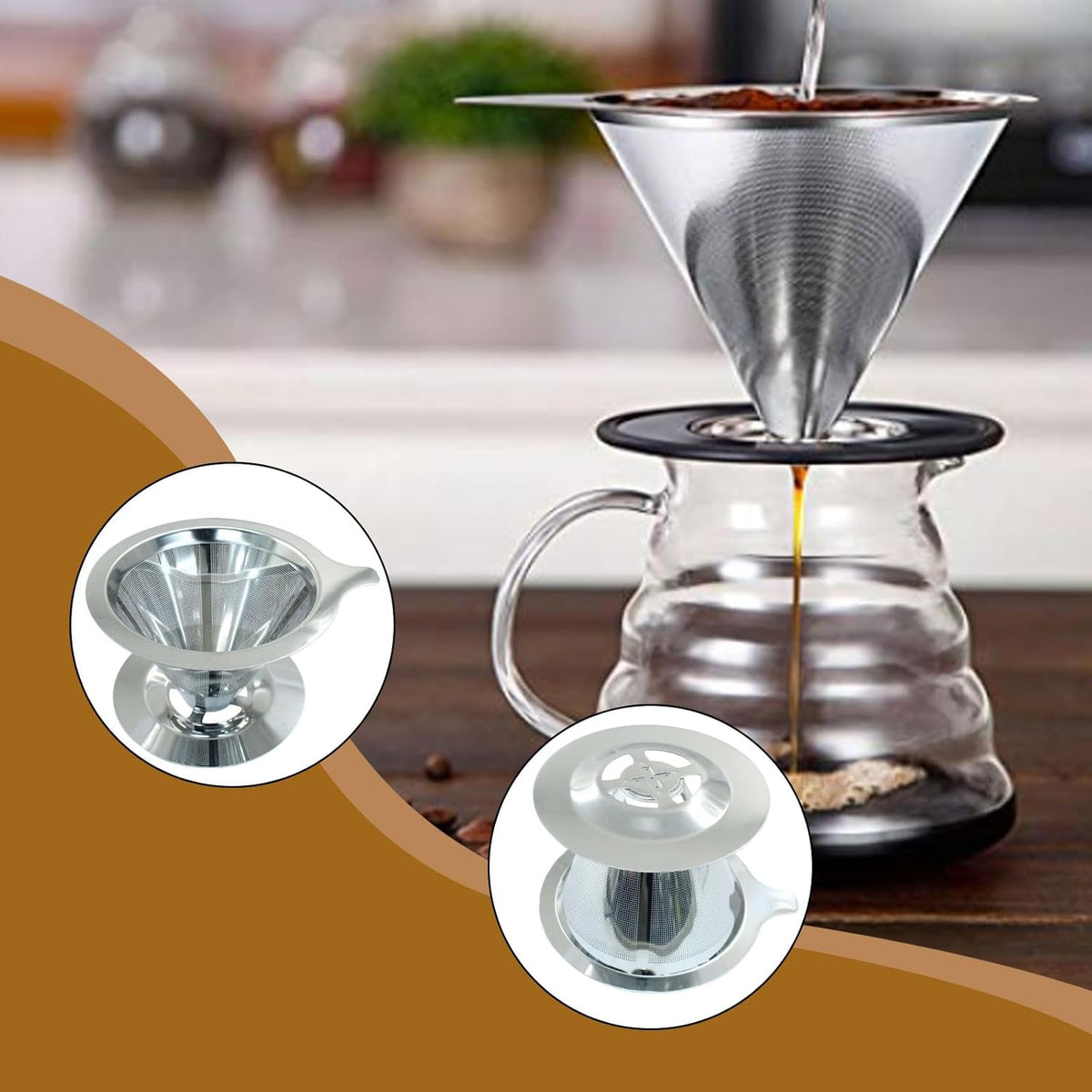Waziaqoc Pour Over Coffee Dripper, Slow Drip Paperless Coffee Filter, Stainless Steel Pour Over Coffee Maker for 1-2 Cups Brew