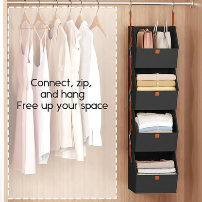 Homsorout Hanging Closet Organizer 4 Tier - Clothes Hanging Shelves, Space-Saving Closet System, Fabric Storage Bins Bedroom Organization, Collapsible Baskets for Home, Dorm, Rv, Black