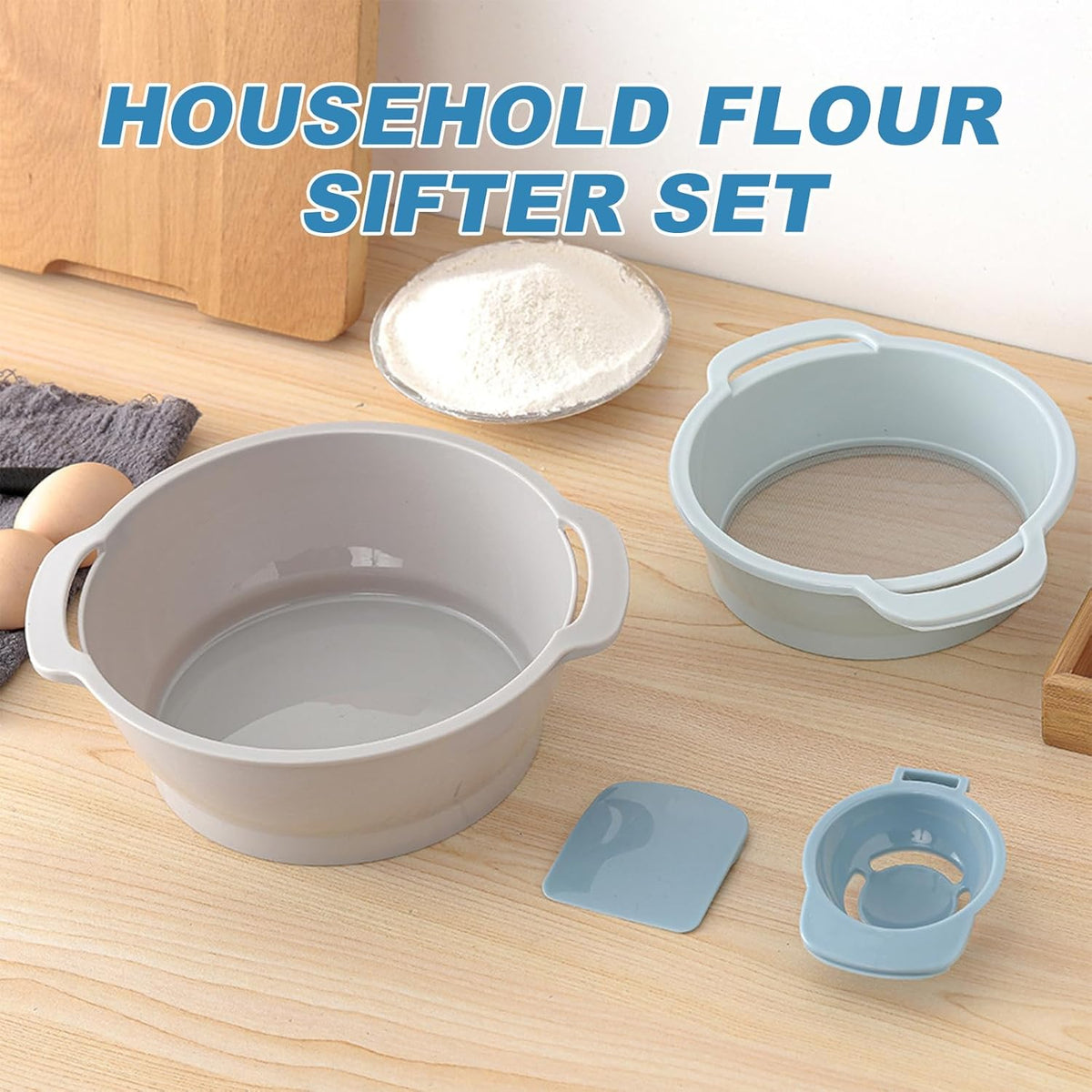 4-in-1 Baking Tools Set, Multifunctional Flour Sifter, Egg Separator, Mixing Bowl & Dough Scraper for Pastry & Cake Making