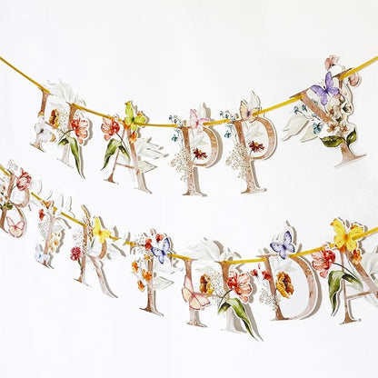 Flower Butterfly Happy Birthday Banner, Boho Groovy Floral and Butterflies Bday Sign, Wildflower Garden Party Decorations for Sweet 16 21st 30th 40th 50th 60th 70th Birthday Party