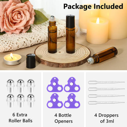 KEYWING 10ml Amber Roller Rottles for Essential Oils - 24PCS Glass Roll on Bottles with Black Caps & Stainless Steel Roller Balls, Empty Perfume Refillable Bottle for Travel