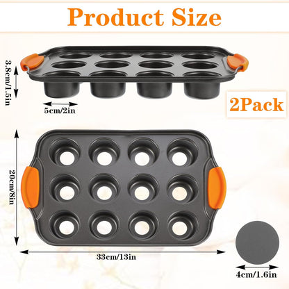 2Pack Mini Cheesecake Pans Removable Bottom Mini Cupcake Pans, 12 Cavity Minii Cheesecake Molds with Silicone Handle Nonslip Muffin Pan Baking