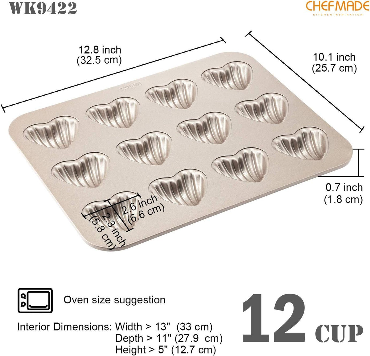 Chefmade Madeleine Mold Cake Pan, 12-Cavity Non-Stick Heart-shaped Shello Madeline Bakeware for Oven Baking (Champagne Gold)