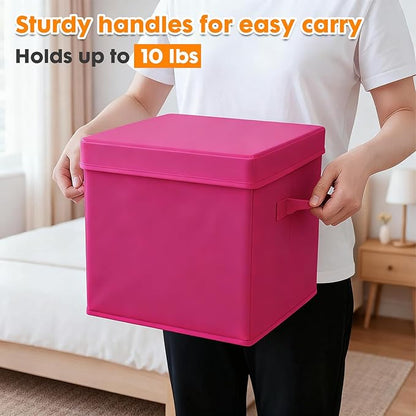 ShellKingdom Storage Bins, Foldable Fabric Storage Cubes with Lid, Clothes Storage Organizer Drawer For Closet Toys Storage, 10.5 X 10.5 X 11 INCH, 2 Pack (Fuchsia)