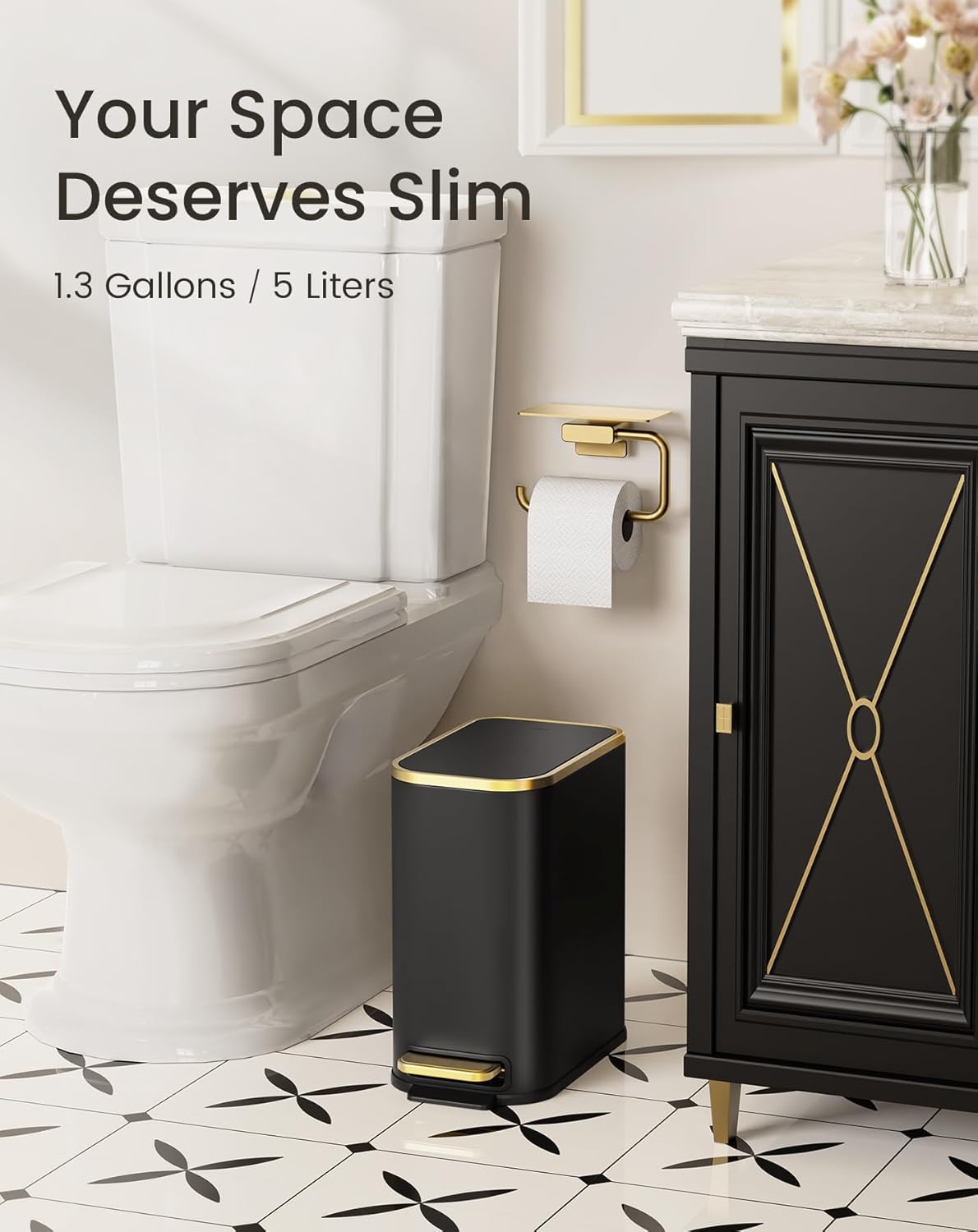 Cesun Small Bathroom Trash Can with Lid Soft Close, 5 Liter/1.3 Gallon Stainless Steel Garbage Can with Removable Inner Bucket, Step Pedal, Slim Waste Basket for Toilet, Office, Bedroom (Black&Gold)