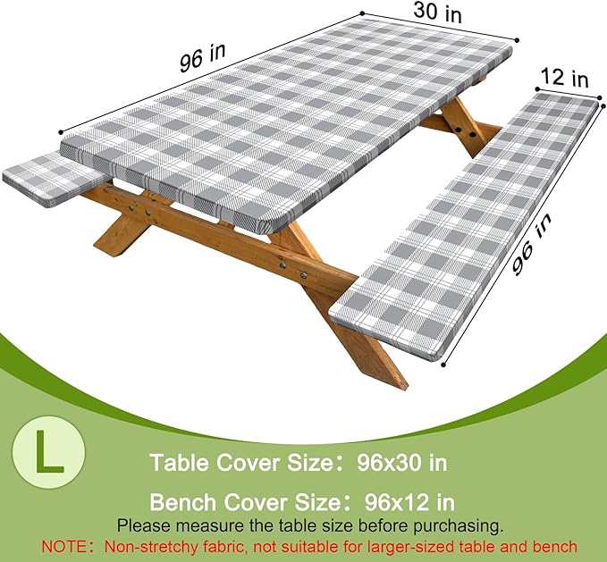 Picnic Table Cover with Bench Covers Windproof Waterproof Picnic Table Covers Camping Tablecloth with Self-Storage Bag, 96in, Light Grey