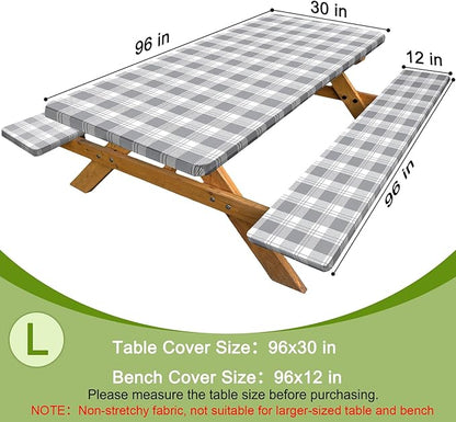 Picnic Table Cover with Bench Covers Windproof Waterproof Picnic Table Covers Camping Tablecloth with Self-Storage Bag, 96in, Light Grey