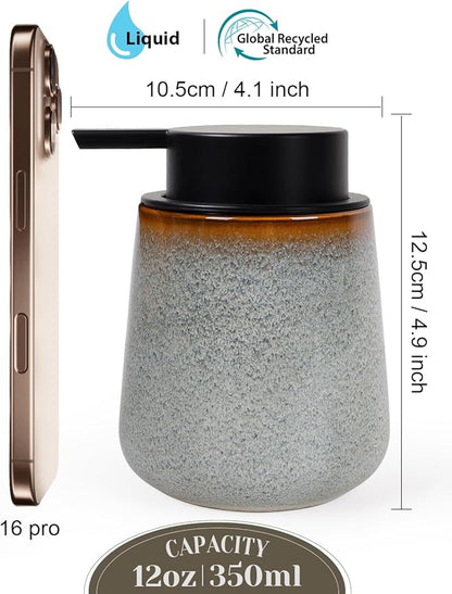 INGOFIN Ceramic Lotion Dispenser - 12 oz Refillable Hand Soap Dispenser Bathroom, Modern Liquid Dispenser with Pump, Dish Soap Dispenser for Kitchen, Kiln-Glazed Grey White