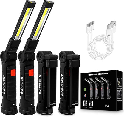 4Pack LED Work Lights, USB Rechargeable COB Light with Magnetic Base 360°Rotate and 5 Modes, Folding Flashlight Inspection Light for Car Repairing, Workshop, Household and Emergency Use, Large