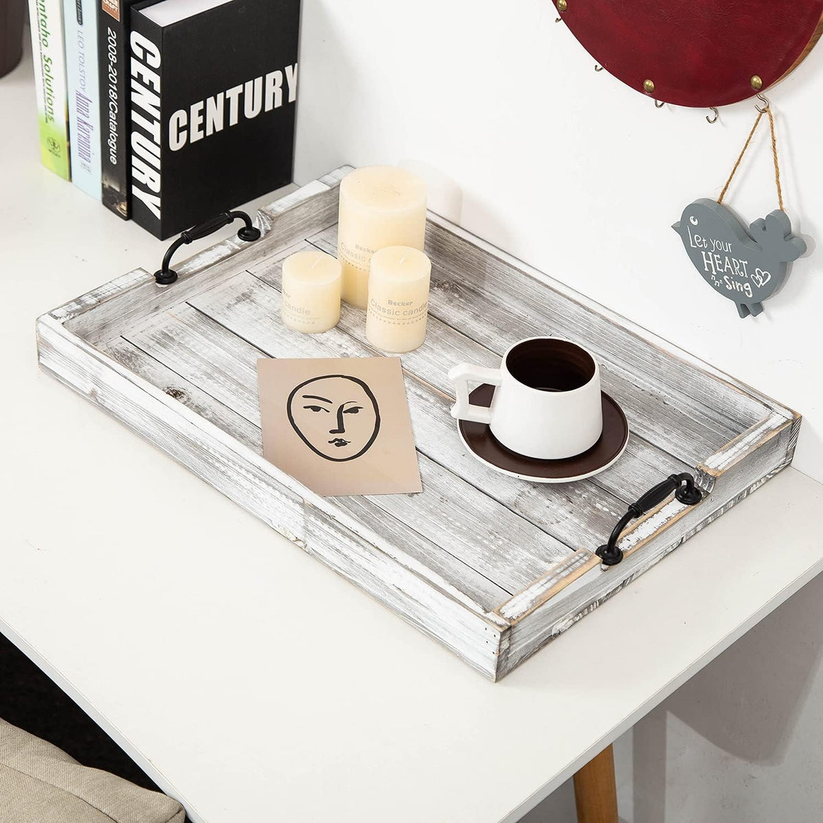 Rustic Vintage Big Wood Food Serving Trays with cutout Metal Handles(20 Inches) large Nesting Board Decorative Serving Trays Platter for Breakfast in